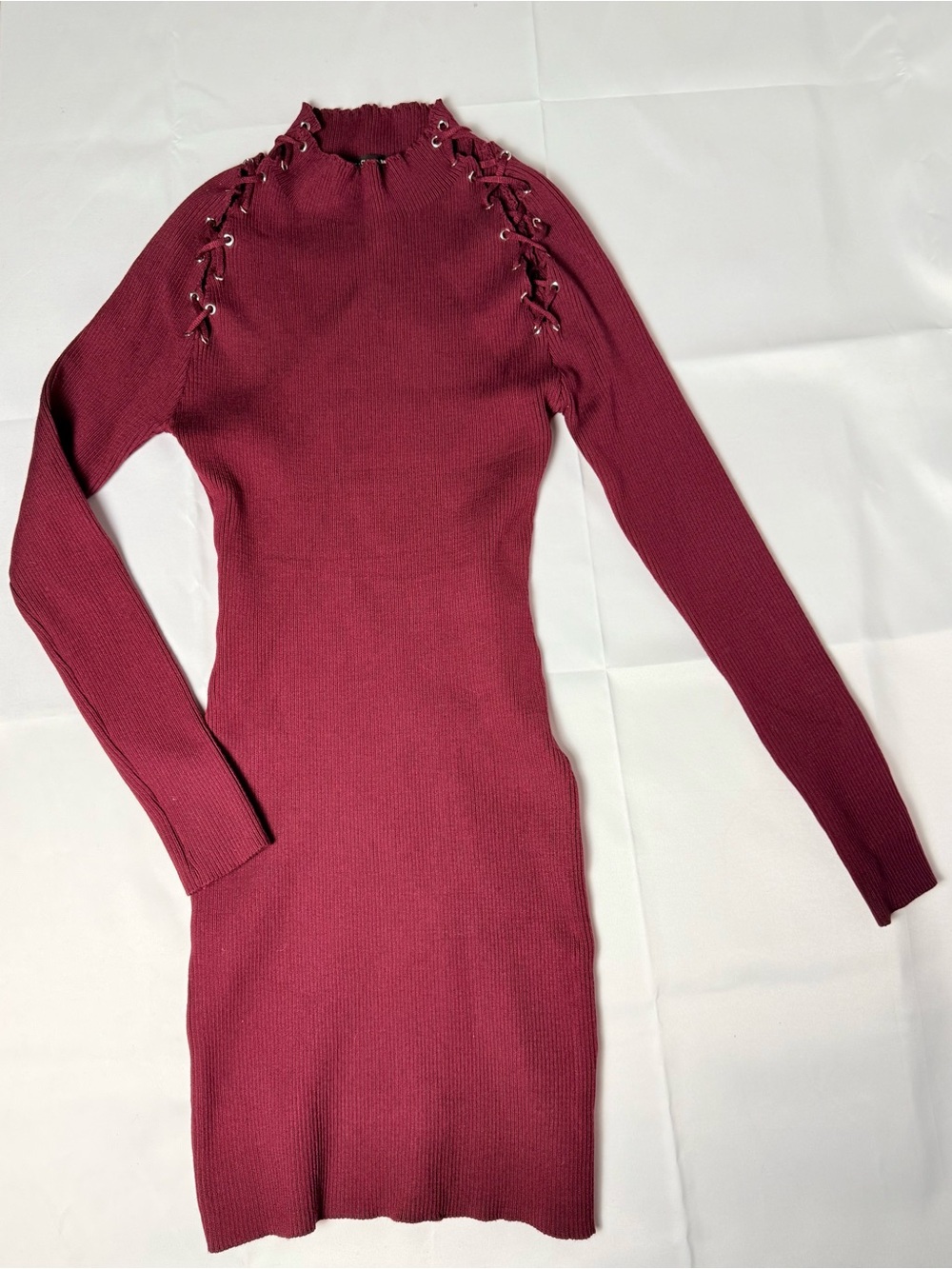 Fashion Nova Lace-Up Shoulder Ribbed Midi Dress in Burgundy
